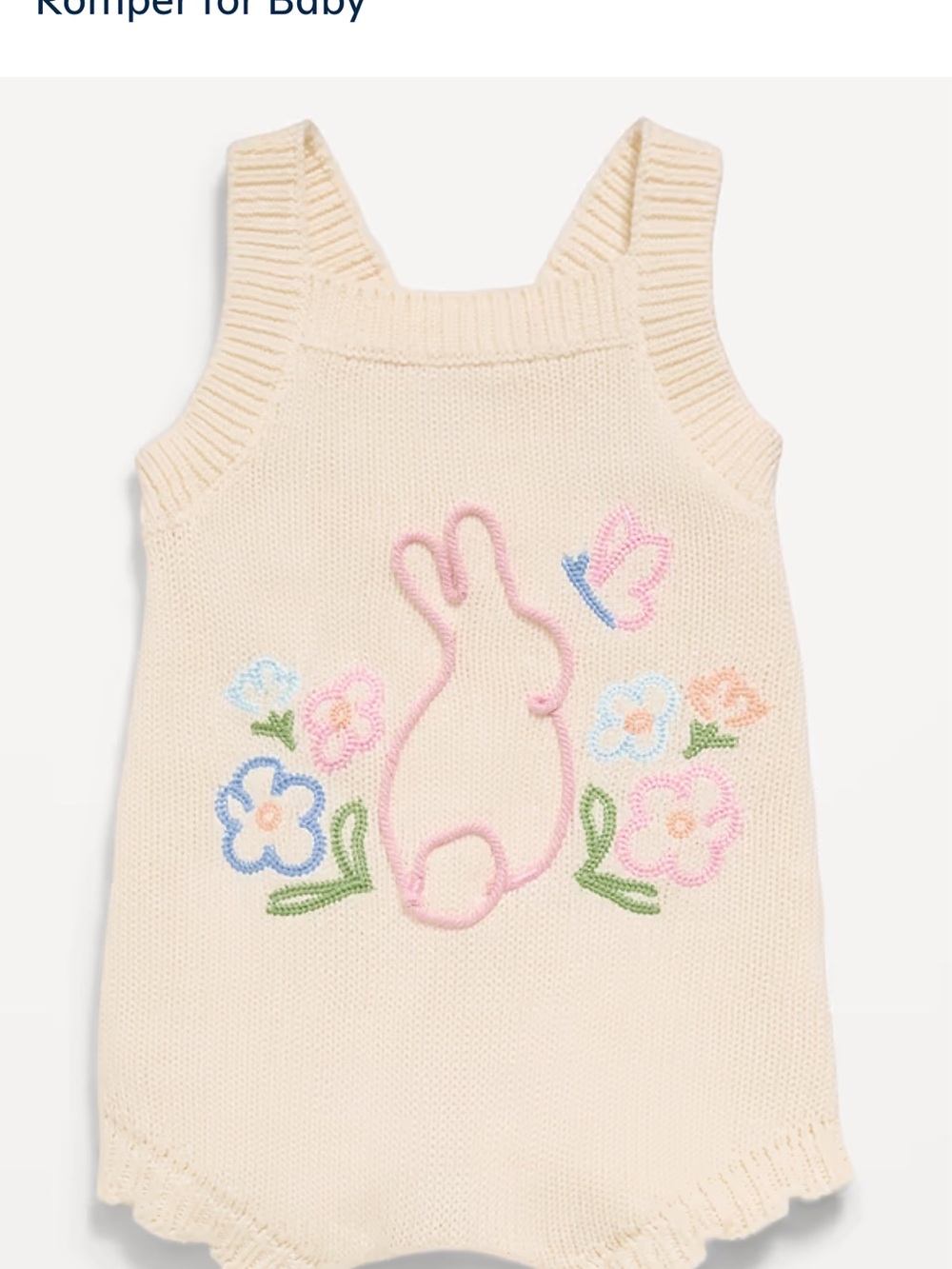 Old Navy Cream Knit Romper with Pink Bunny and Pastel Floral Embroidery